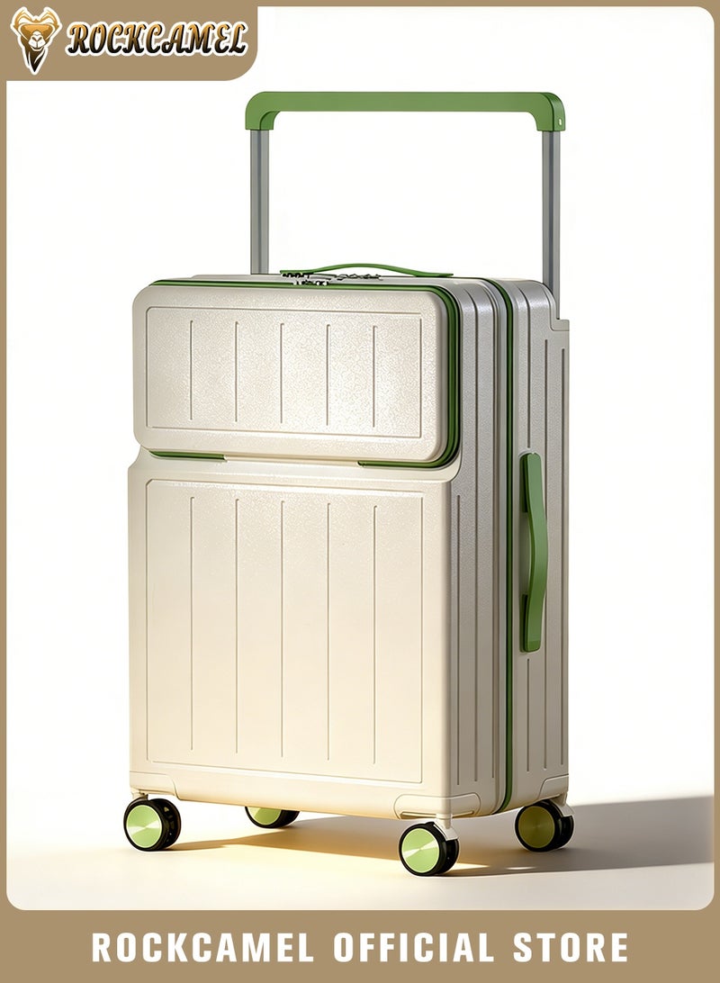 ROCKCAMEL 20-Inch Wide Handle Carry-On Luggage, Front Open Suitcase with USB Port, Hooks & Cup Holder, Built-Laptop Compartment, Large Capacity Luggage for Student Travel, Business Trips (White & Green) - Image 1